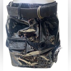 I.AM.GIA Shiny Vegan Leather PVC Vinyl Thick Black Cargo Mini Skirt w/ Belt XS